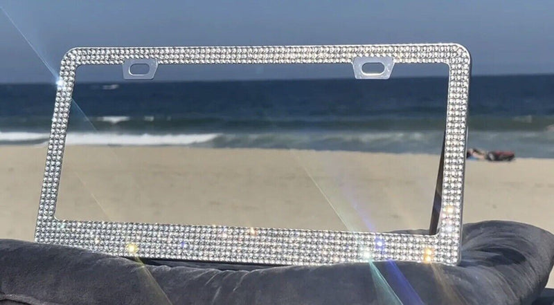 Bling Rhinestones License Plate Frame 2PCS Sparkling White Crystal Diamond