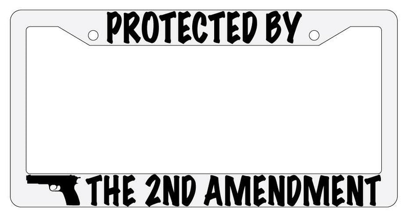 Protected By The 2nd Amendment (Design 2) White Plastic License Plate Frame  Mod-GRAPH9856236-896