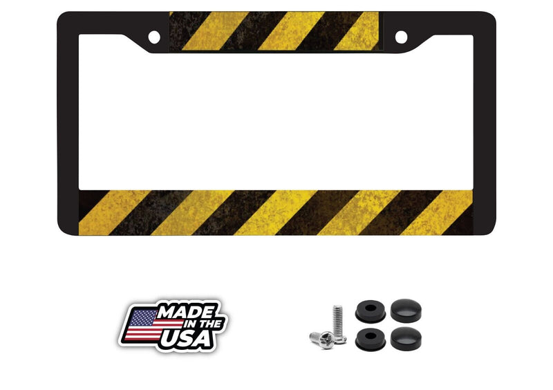 HAZARD STRIPES CONSTRUCTION SAFETY CEMENT WORK USA Black License Plate Frame NEW