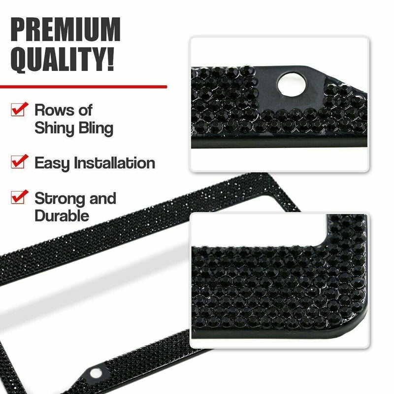 2x Black Metal Diamond Bling Glitter License Plate Frame Crystal Rhine Stone