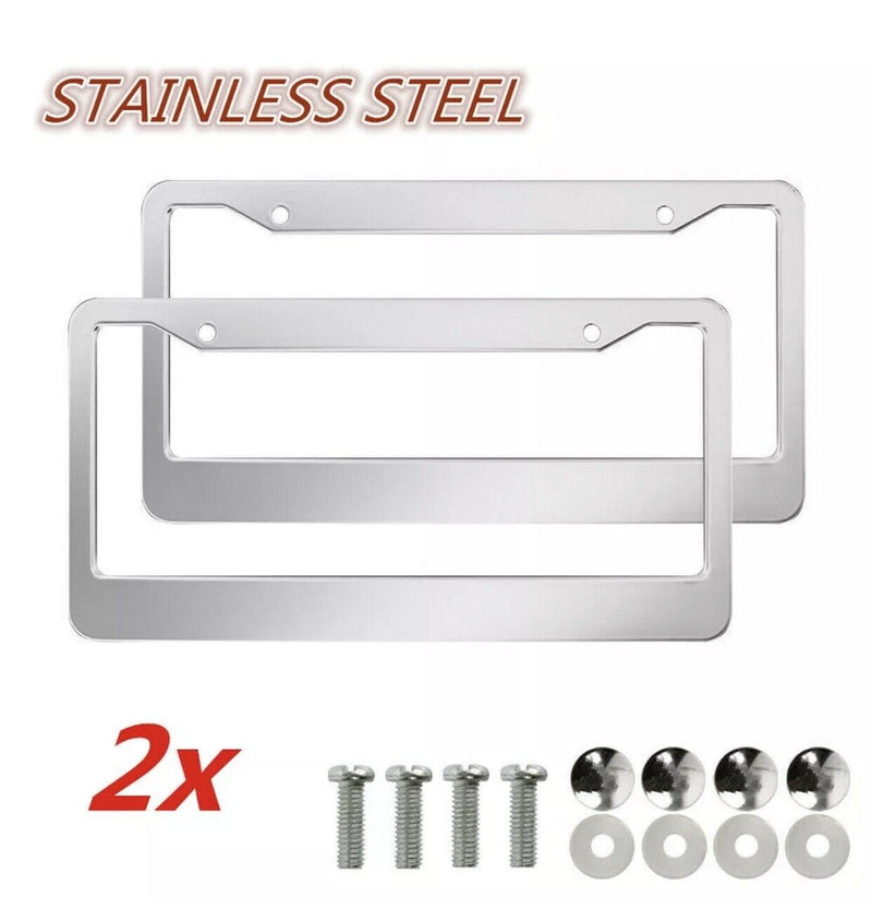 2PCS Chrome 304 Stainless Steel Metal License Plate Frame Cover w/Screw Caps