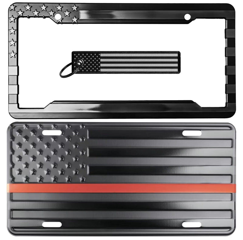 Thin Red Line Embossed American flag license plate & Frame Key Chain Combo Set