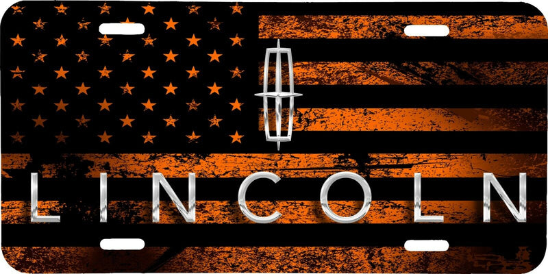 LINCOLN LOGO ORANGE AMERICAN DISTRESSED FLAG VEHICLE LICENSE PLATE TRUCK CAR TAG