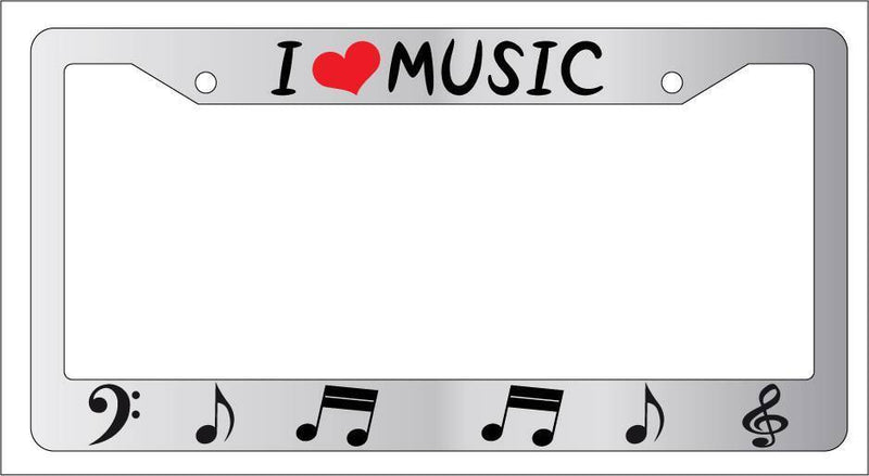 Chrome License Plate Frame I LOVE MUSIC (NOTES) Heart Auto Accessory  Mod-GRAPH9856236-6714