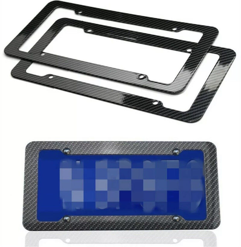 Car Black Carbon Fiber Look Front & Rear License Plate Frame Cover Universal