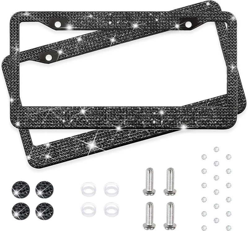 2 Pack - Black Sparkly Rhinestone License Plate Frame for Women