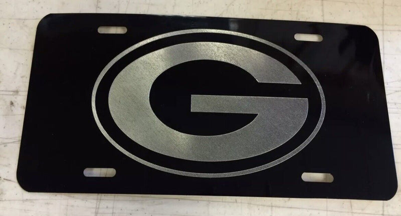 Green Bay Packers Logo Car Tag Diamond Etched on Black Aluminum License Plate