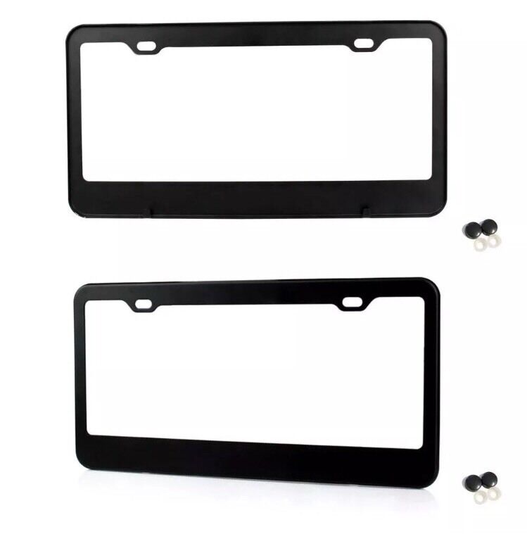 2PCS BLACK STAINLESS STEEL METAL LICENSE Plate Frame COVER SCREW CAPS+Screws