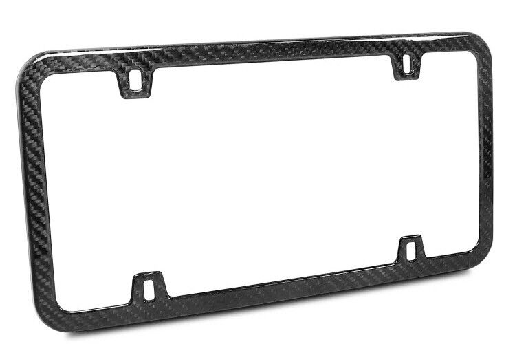 Black Real Carbon Fiber Finish 4 Holes Slim License Plate Frame w/ UV Resistant