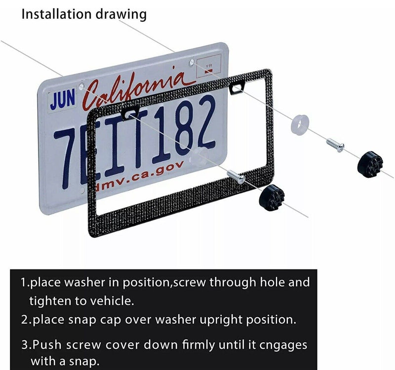 2 LUXURY Made with SWAROVSKI CRYSTAL Metal License Plate Frame Cap Diamond Black
