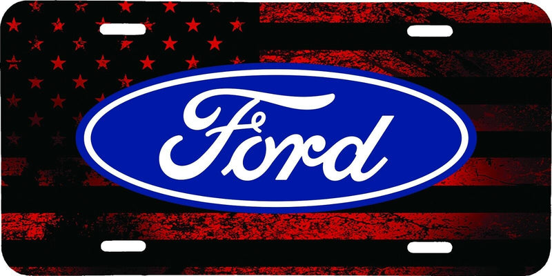 DISTRESSED RED USA FLAG BLUE FORD VEHICLE ALUMINUM LICENSE PLATE TAG .040 GA