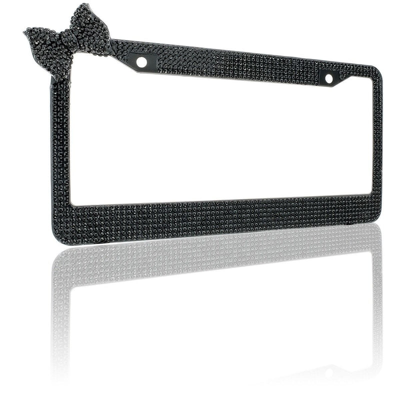 Black 7 Rows Bling Diamond Crystal License Plate Frame With Corner Black Bow Tie
