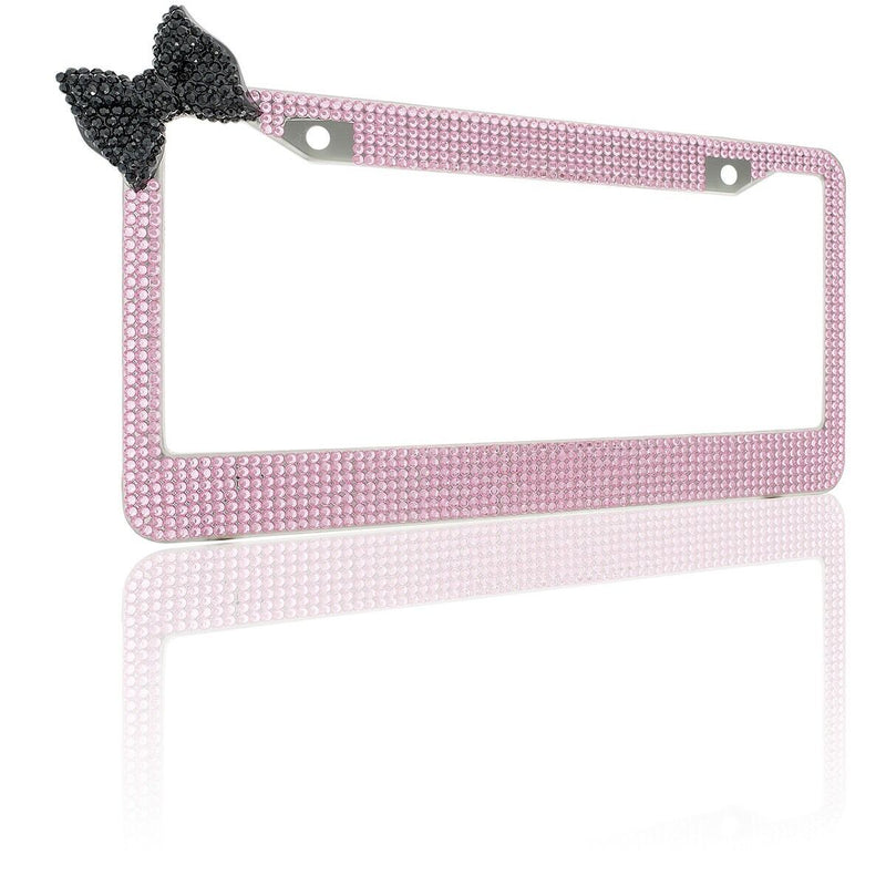Pink 7 Rows Bling Diamond Crystal License Plate Frame With Corner Black Bow Tie