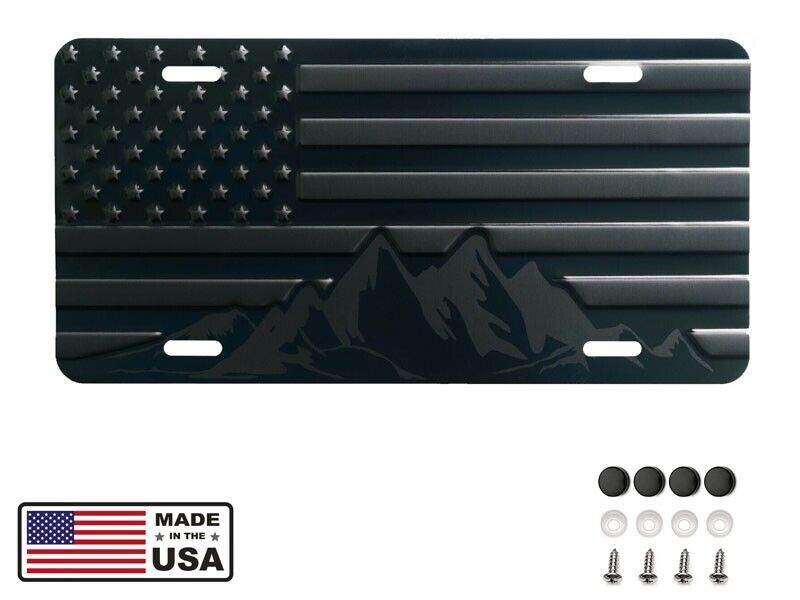 American Flag w/ Mountains License Plate. Embossed Aluminum Black on Matt Black