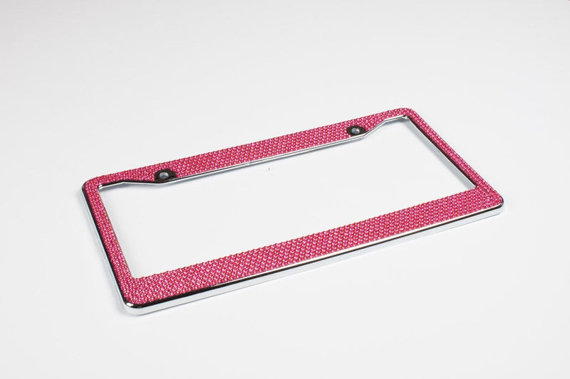 2 Pink Bling Glitter Crystal RhineStone License Plate Metal Frame With Screw Cap