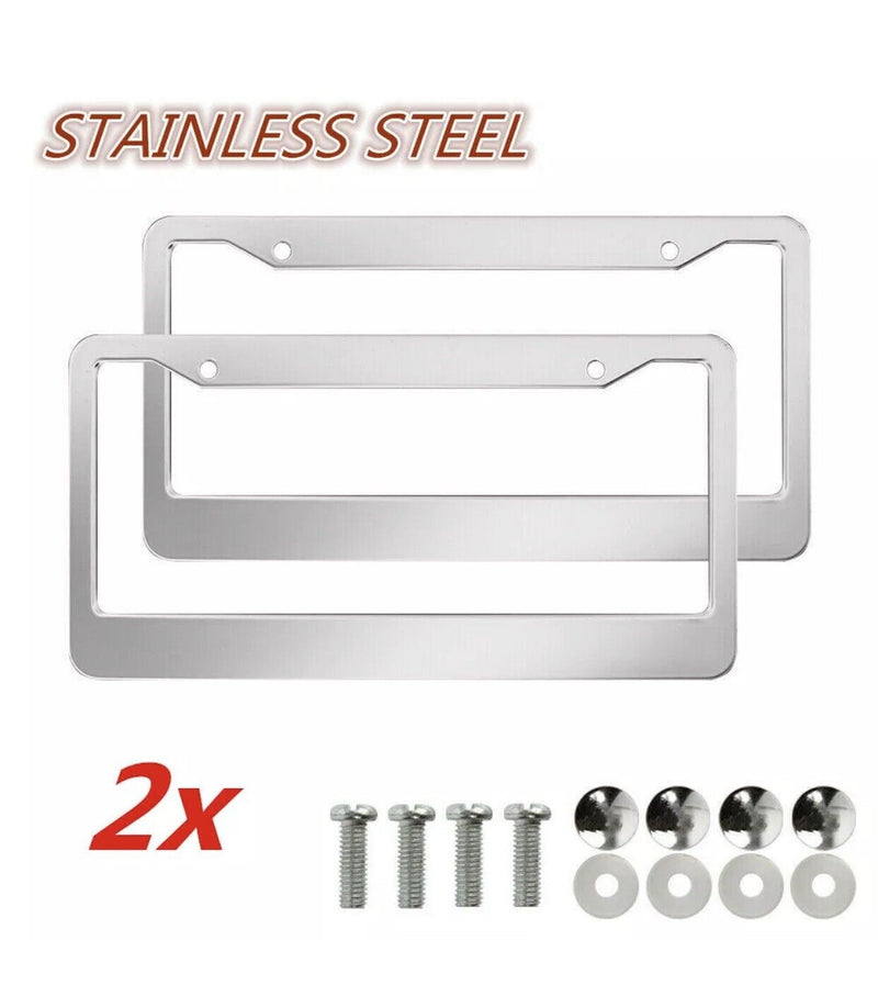 2PCS CHROME STAINLESS STEEL METAL LICENSE Plate Frame COVER SCREW CAPS /CF-2