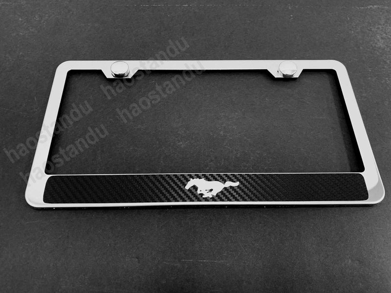1x PONY Horse STAINLESS STEEL LICENSE PLATE FRAME w/(Carbon Fiber Style)