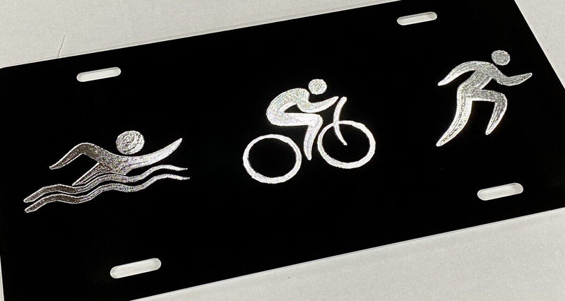 Triathlon Symbols Engraved Car Tag Diamond Etched Aluminum Vanity License Plate