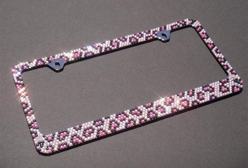Bling Pink/Black Leopard Diamond Crystal METAL License Plate Frame+Bling Cap