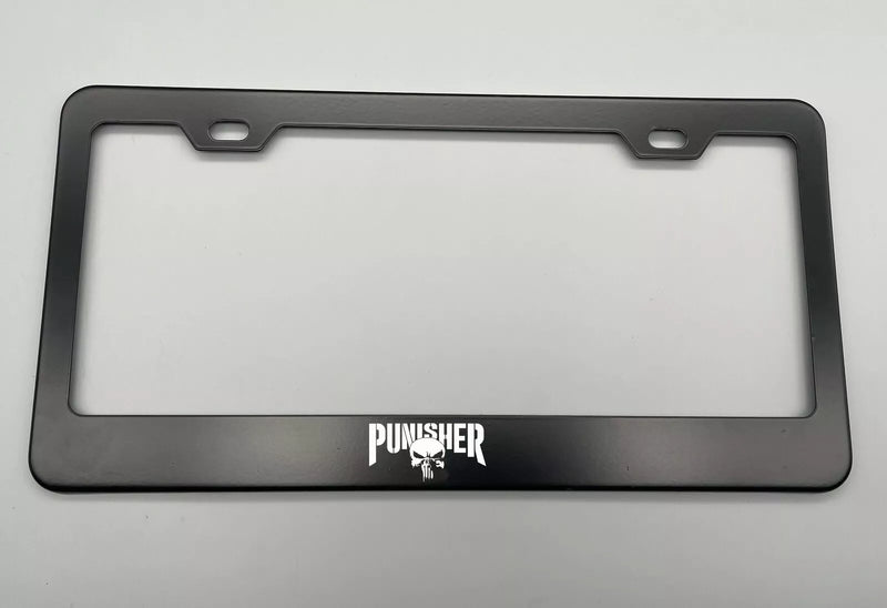 Laser Engraved Punisher Black License Plate Frame Stainless Steel fit, Rear, Car, Road Legal, Vehicle Make/Model
