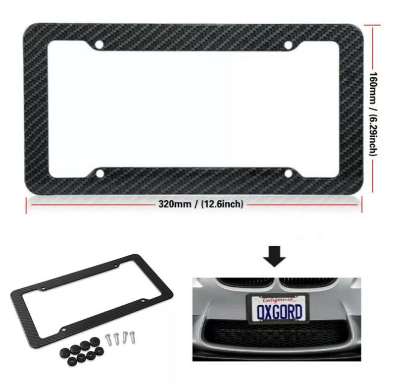 Black Car Carbon Fiber License Plate Frame Cover Front / Rear Universal USA Size
