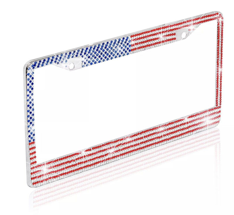 2 USA FLAG Bling Rhinestone Crystal Metal License Plate Frames PATRIOT AMERICA