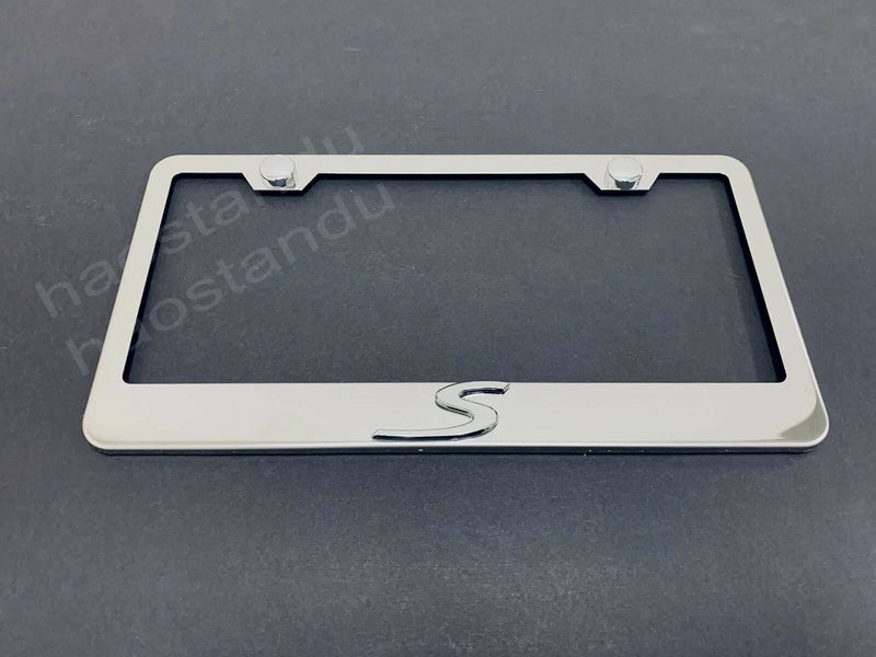 1x "S" 3D Emblem STAINLESS STEEL License Plate Frame RUST FREE + ScrewCap (Silv)