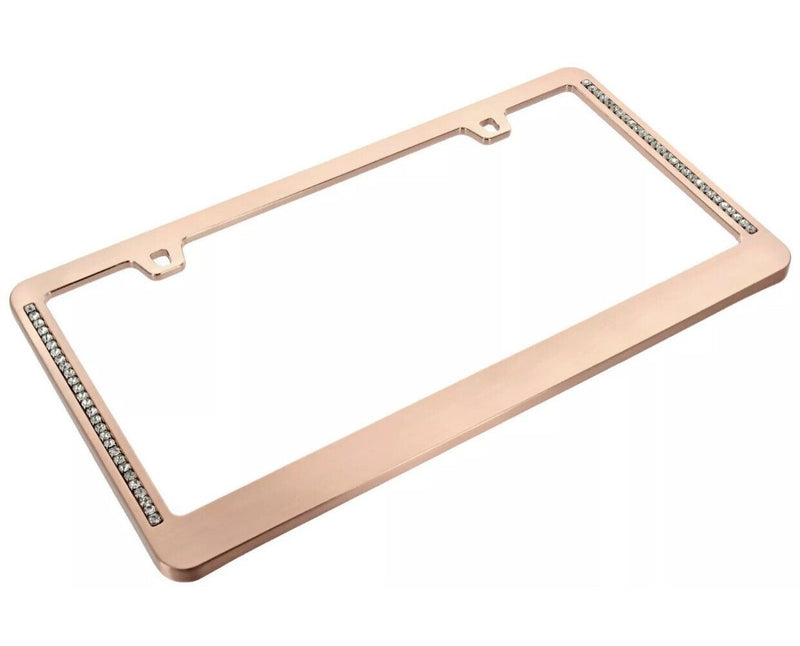Rose Gold Metal License Plate Frame Two Rows of Clear Bling Crystals