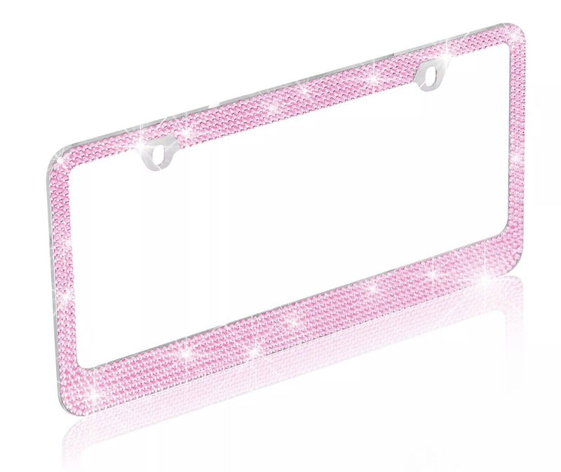 Metal Pink Crystal Diamond Style License Plate Frame Universal Fit