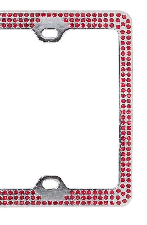 Crystal Red Rhinestone Bling 3 Row Metal Car License Plate Frame w/ Caps
