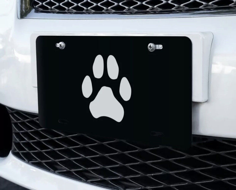 Paw Print Dog Cat White on Black Novelty Metal Vanity Tag License Plate