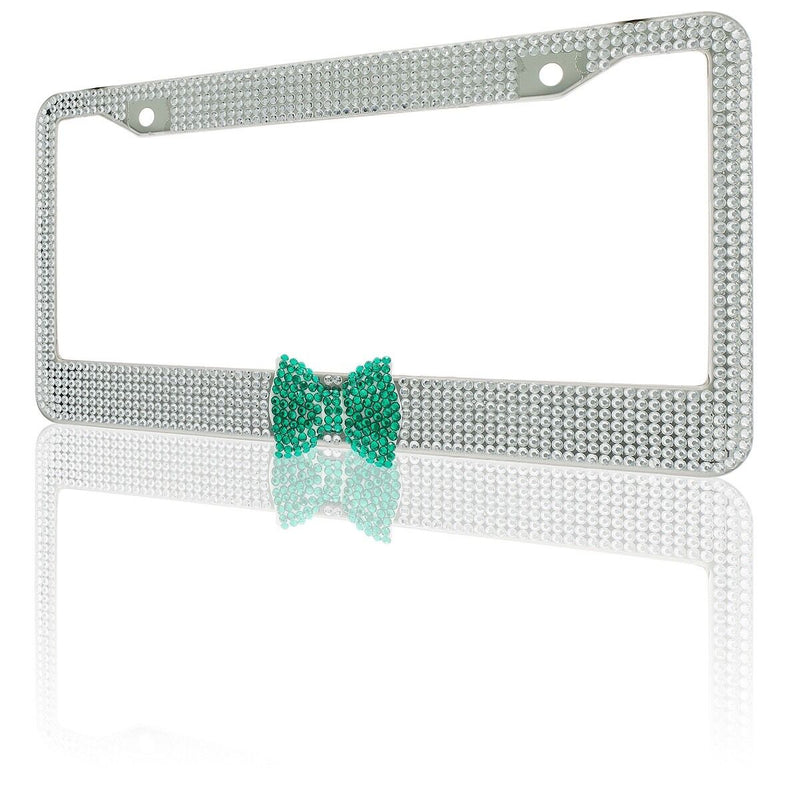 Clear 7 Rows Bling Diamond Crystal License Plate Frame With Green Bow Tie