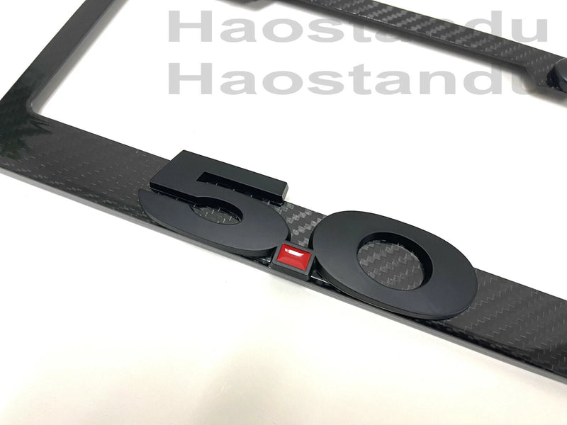 1x Black "5.0" 3D Emblem Real 3K TwillWeave CARBON FIBER License Plate Frame