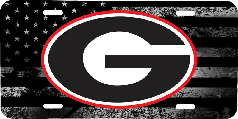 NCAA GEORGIA BULLDOGS DISTRESSED AMERICAN FLAG TACTICAL ALUMINUM LICENSE PLATE TAG