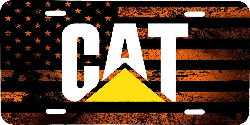 CAT CATERPILLAR DISTRESSED ORANGE AMERICAN FLAG AUTO  LICENSE PLATE TRACTOR TAG