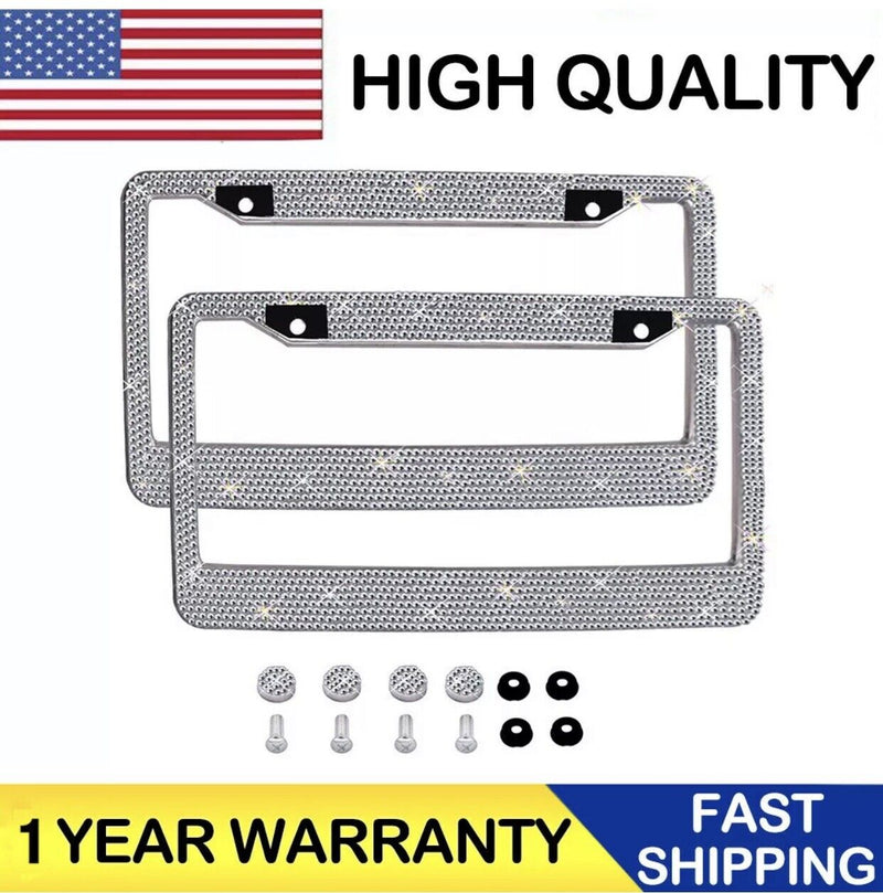 Metal License Plate Frame Bling RhineStone Chrome Crystal Diamond Glitter 2pcs
