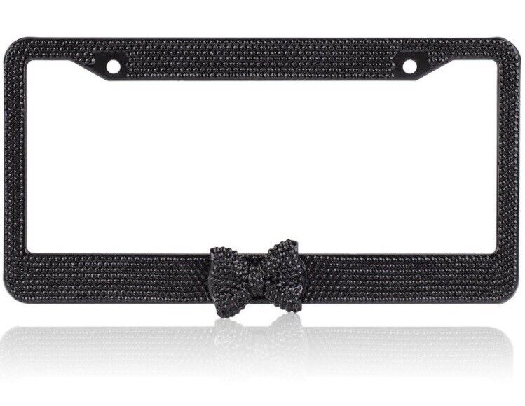 Black 7 Rows Bling Diamond Crystal License Plate Frame With Black Bow Tie