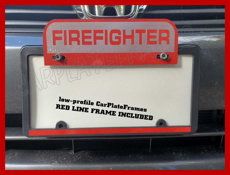 ALUMINUM FIREFIGHTER PLATE TOPPER WITH RED LINE LICENSE PLATE FRAME