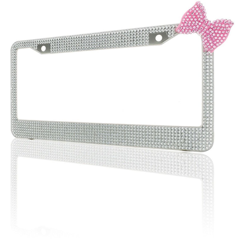 Clear 7 Rows Bling Diamond Crystal License Plate Frame With Corner Pink Bow Tie