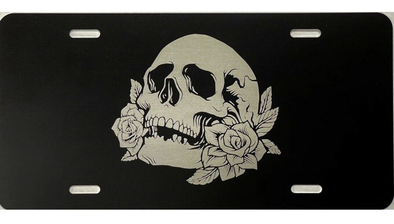NEW Skull & Roses Logo Laser Engraved License Plate Car Tag Gift Flat Black