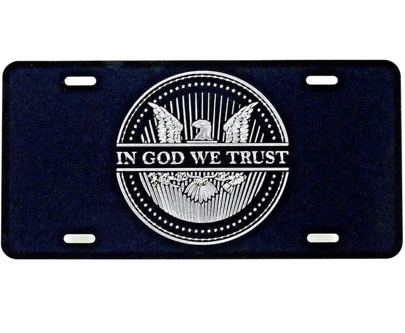 IN GOD WE TRUST logo Car Tag Diamond Etched on Black Aluminum License Plate