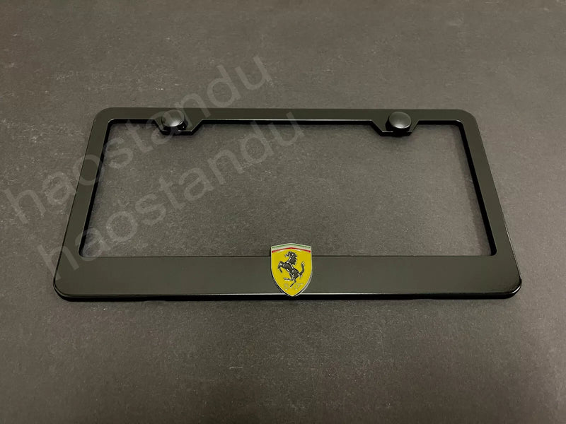 1x Ferrari Shield 3D Emblem Badge BLACK Stainless License Plate Frame RUST FREE