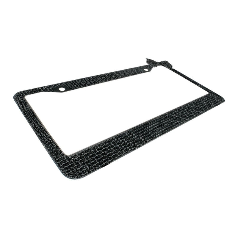 Black 7 Rows Bling Diamond Crystal License Plate Frame With Corner Black Bow Tie