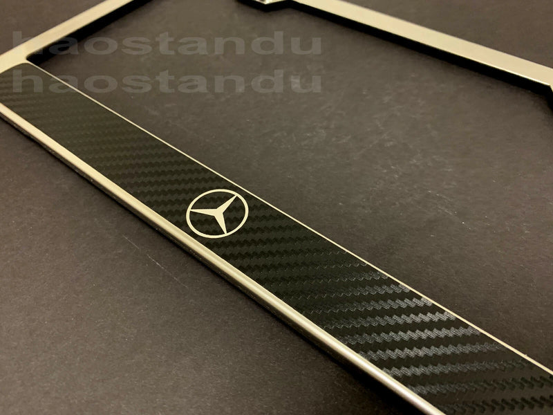 1x Mercedes LOGO STAINLESS STEEL LICENSE PLATE FRAME w/Carbon Fiber Style