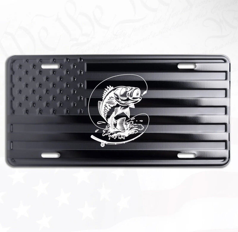 American Flag w/ Large Mouth Bass Embossed Fishing License Plate Tag