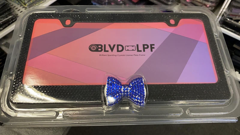 Black 7 Rows Bling Diamond Crystal License Plate Frame With Blue Bow Tie