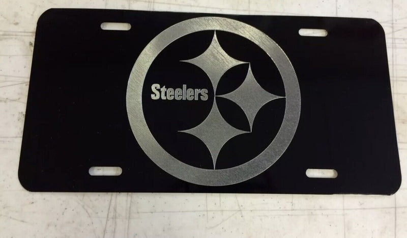 Pittsburgh Steelers Logo Car Tag Diamond Etched on Black Aluminum License Plate