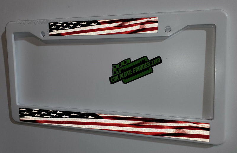 REFLECTIVE WHITE FRAME USA AMERICAN FLAG PLASTIC LICENSE PLATE FRAME TAG HOLDER