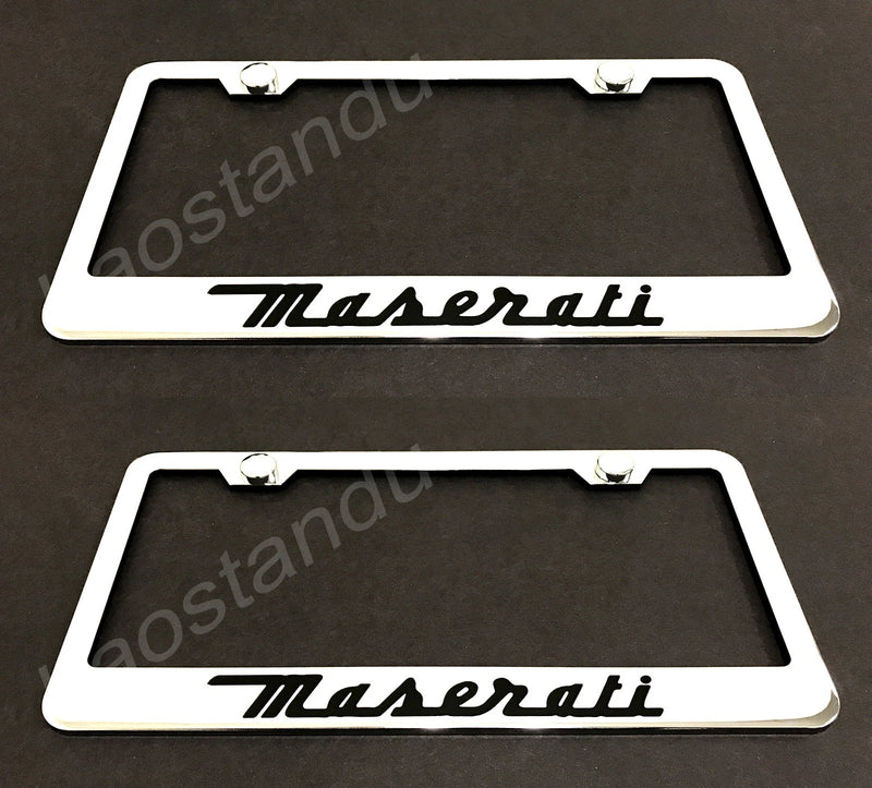 2x MASERATI STAINLESS Chrome License Plate Frame w/screw Caps
