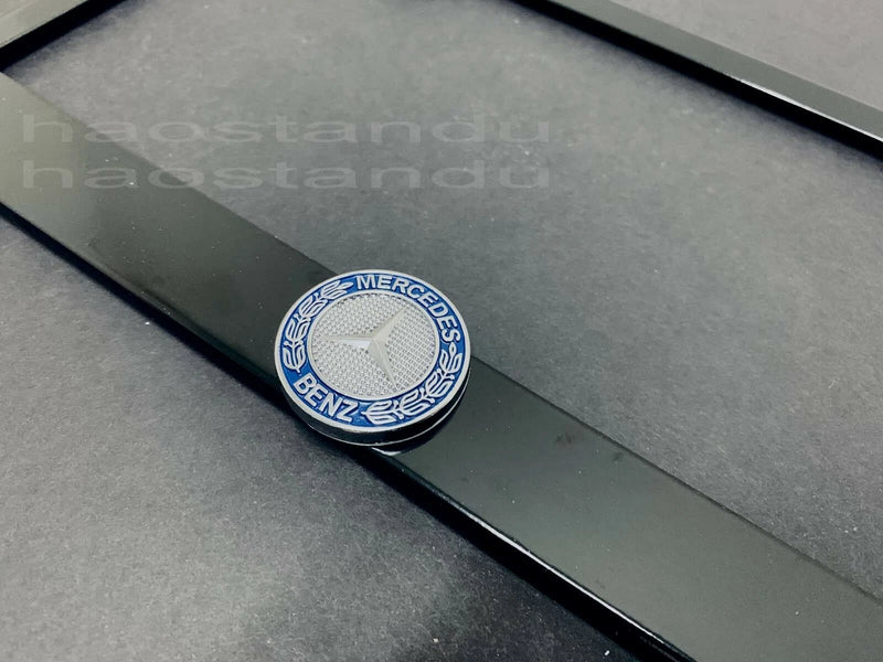 1x Mercedes LOGO 3D Emblem BLACK Stainless License Plate Frame RUST FREE + S.Caps